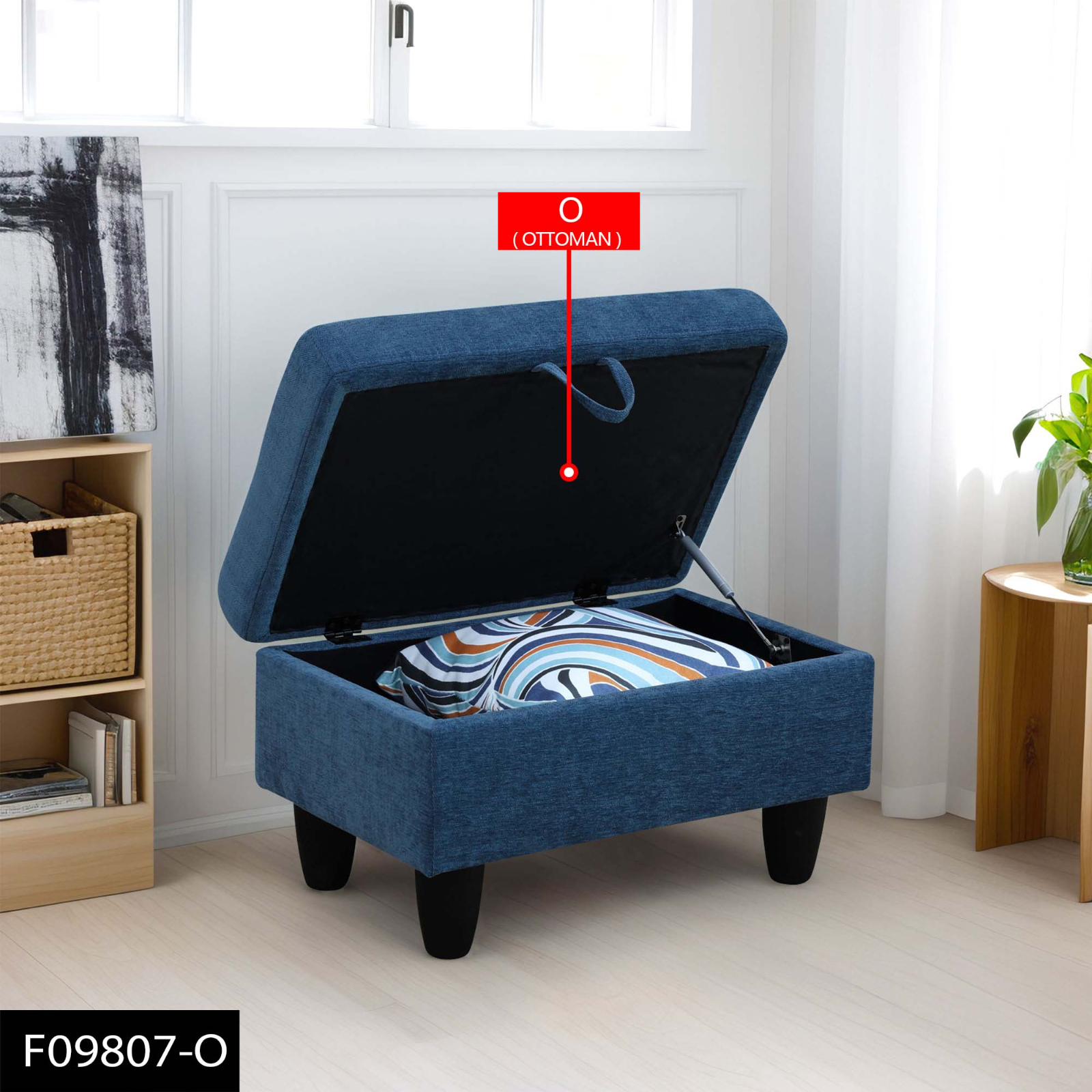 Синий льняной угловой пуф для гостиной