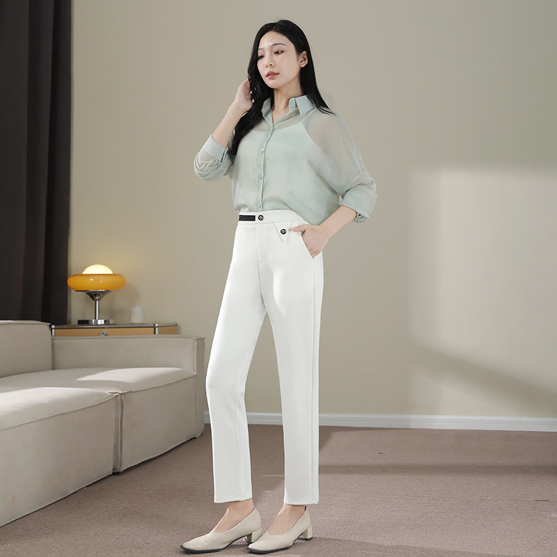 White Cropped Casual Pants for Women, Spring New Style, Cigarette Pants, Loose, Slimming, Straight-Leg, High-Waisted, Elastic, Harem Pants