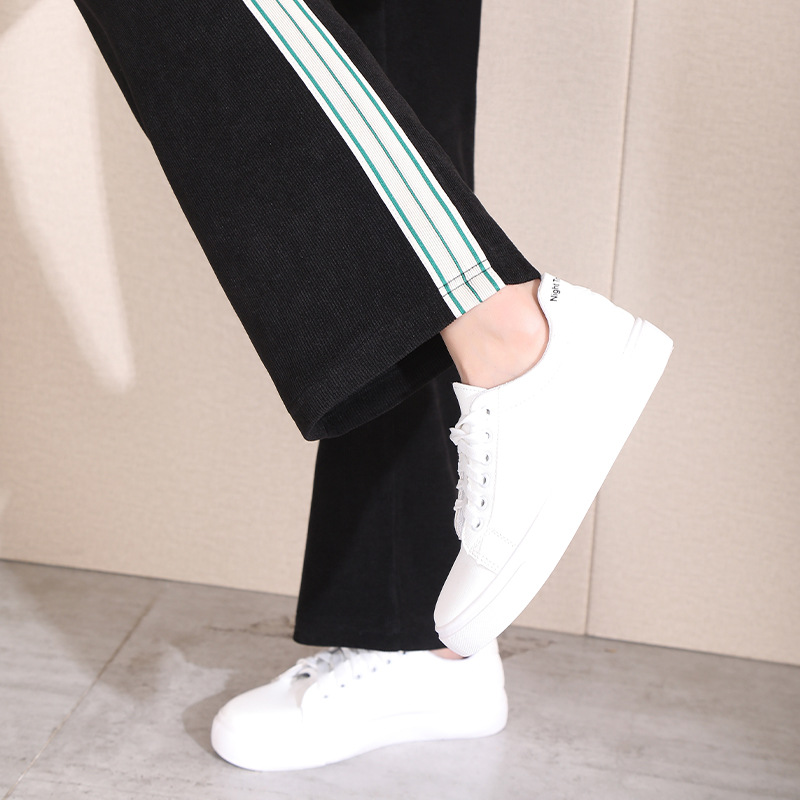 Women's Trendy Korean Style Loose Sports Pants with Side Ribbon Stripes, Straight Leg, Long Casual Pants, Elastic Waist, All-Matching Trousers